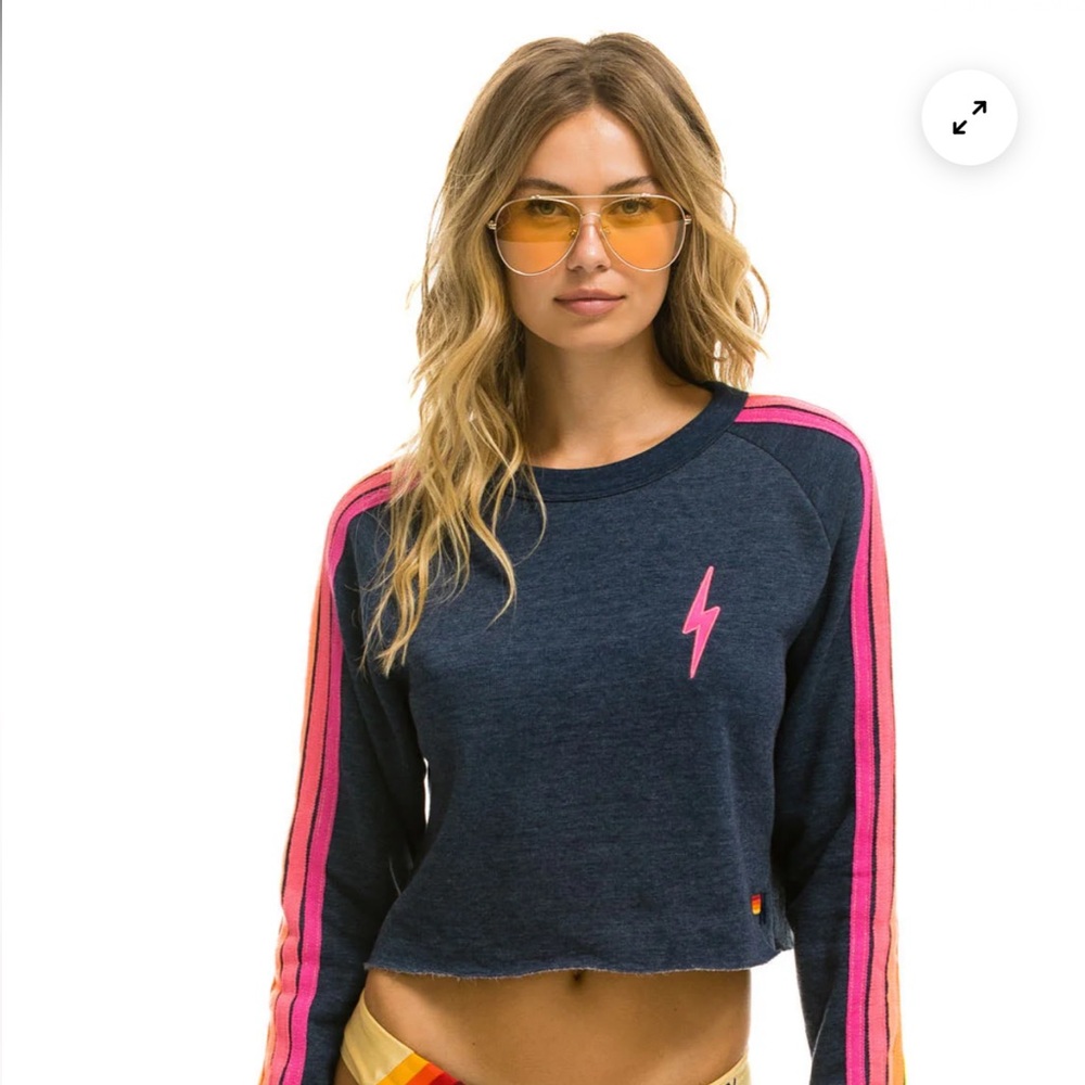 Aviator Nation Navy and Pink Lightning Bolt Crop Sweatshirt